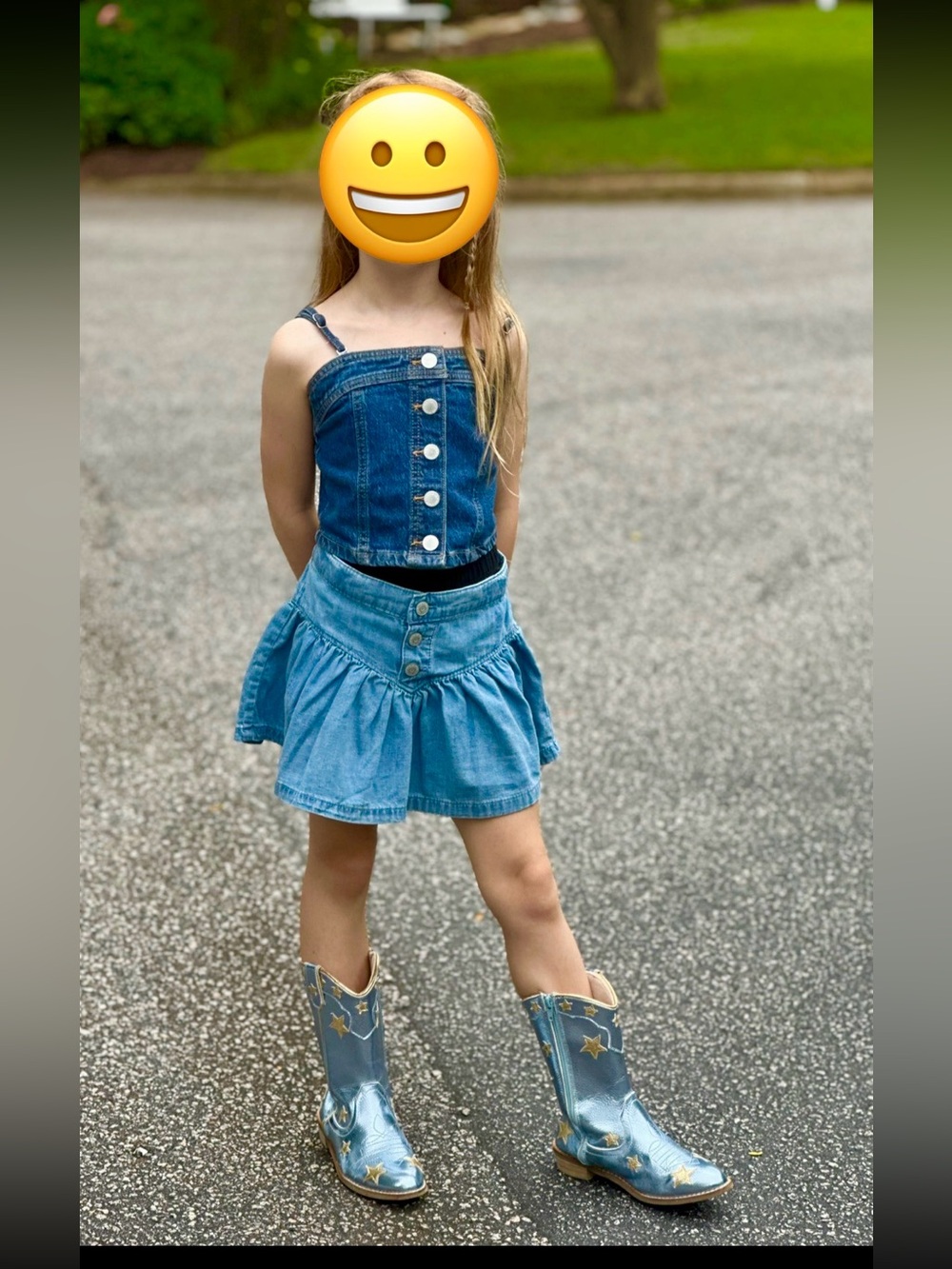Girls Blue Denim button front top with removable straps art class sz s 6/7